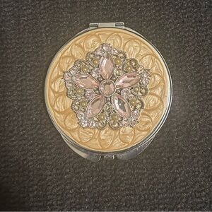 Vtg. Compact Folding Double Mirror Silver Metal,Pink Rhinestone, Floral Design